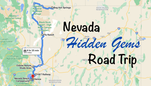Map showing a road trip route through Nevada, highlighting hidden gems like Bog Hot Springs and V&T Railway.