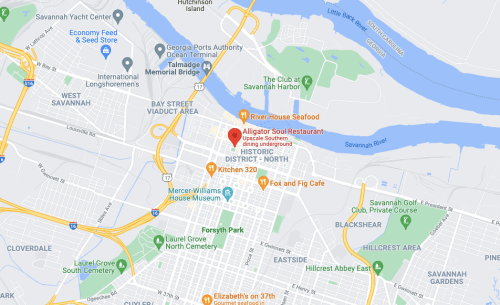 Map of Savannah, Georgia, highlighting the Historic District and nearby landmarks like River House Seafood and Forsyth Park.