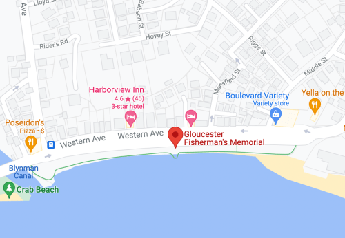 Map showing Gloucester Fisherman's Memorial near the waterfront, with nearby streets and businesses labeled.