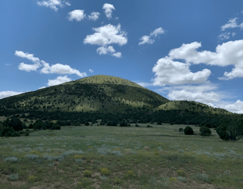 A green hill rises under a blue sky with fluffy clouds, surrounded by a grassy field and scattered trees.