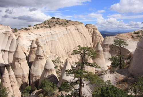 A scenic view of unique rock formations and pine trees under a partly cloudy sky.