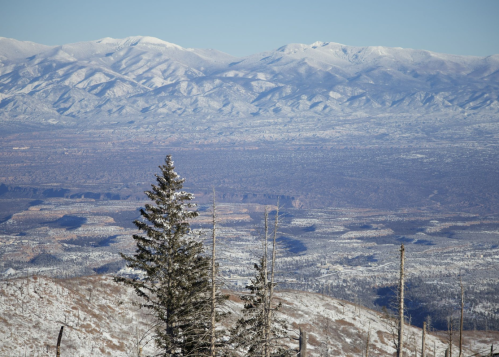 Snow-covered mountains stretch across the horizon, with a valley below and evergreen trees in the foreground.