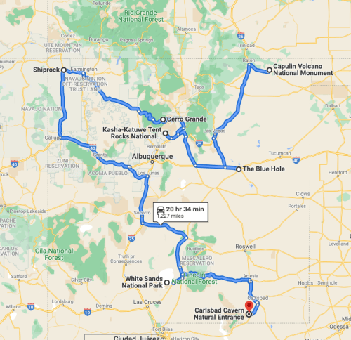 Map showing a route from Carlsbad Cavern Natural Entrance to various locations in New Mexico, including national parks and monuments.