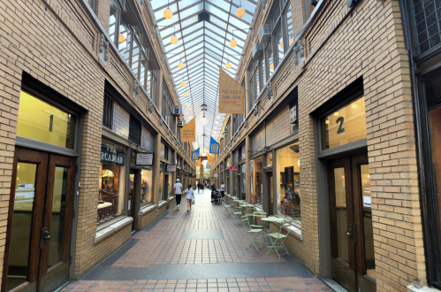 A brick-lined corridor with shops on either side, featuring a glass roof and hanging lights, bustling with people.