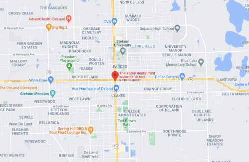 Map showing the location of The Table Restaurant in DeLand, Florida, near various landmarks and streets.