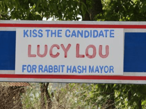 Sign promoting Lucy Lou as a candidate for mayor of Rabbit Hash, with the phrase "Kiss the Candidate."