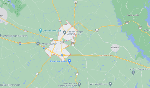 Map showing the area around Madison, Georgia, highlighting roads and landmarks like the Madison Morgan Cultural Center.