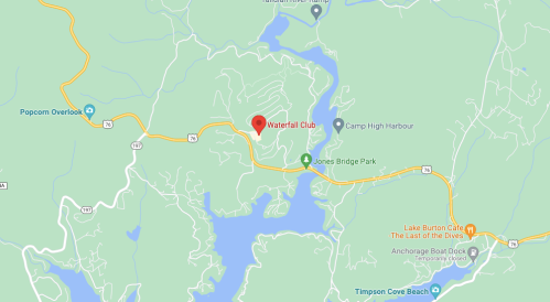 Map showing the location of Waterfall Club near Camp High Harbour and Jones Bridge Park, surrounded by water and roads.