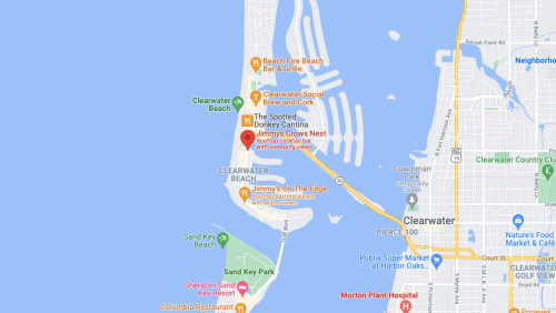 Map of Clearwater Beach, Florida, highlighting local attractions and restaurants.