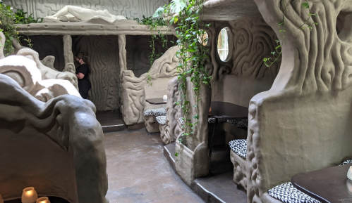 A unique, organic-shaped interior with textured walls, cozy seating, and greenery, creating a whimsical atmosphere.