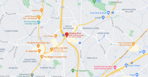 Map showing various bars and restaurants in North Buckhead, Atlanta, including Whiskey Blue and The Blind Pig Parlour Bar.
