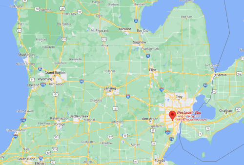 Map of Michigan highlighting locations, with a marker for Westpoint BBQ in the southeast near Detroit.