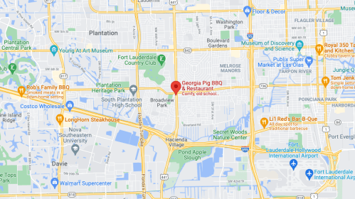 Map showing the location of Georgia Pig BBQ restaurant in Fort Lauderdale, Florida, near Broadview Park.