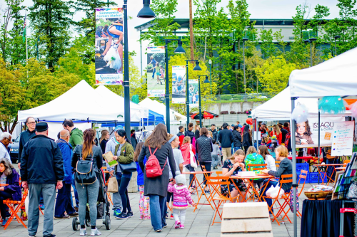 A bustling outdoor market with people browsing stalls, colorful tents, and trees in the background on a cloudy day.