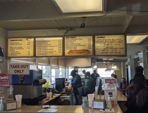 Menu board displaying sandwiches, hot dogs, and drinks in a casual dining setting with customers at the counter.