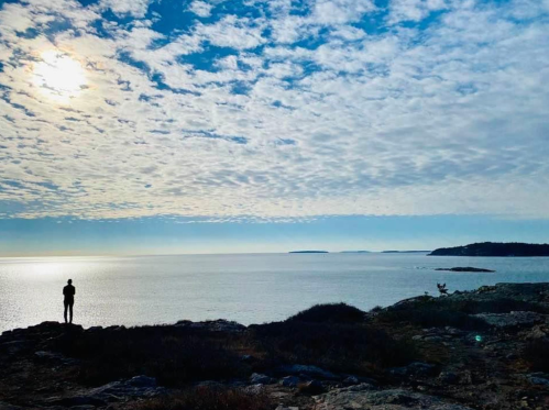 A silhouette of a person stands on rocky terrain, gazing at a calm sea under a sky filled with clouds.