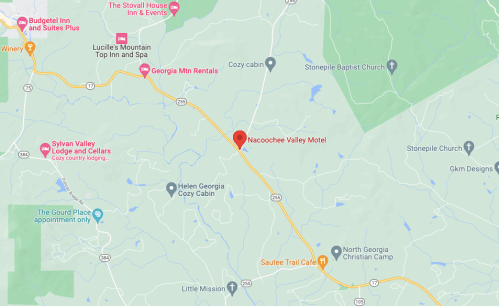Map showing the location of Nacoochee Valley Motel along with nearby landmarks and roads.