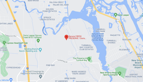 Map showing Spruce Creek Preserve location, surrounded by waterways and nearby residential areas in New Smyrna Beach, FL.