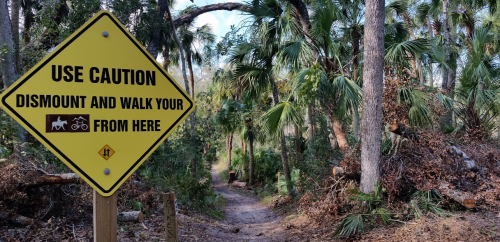 A yellow caution sign instructs to dismount and walk from a wooded path surrounded by palm trees.