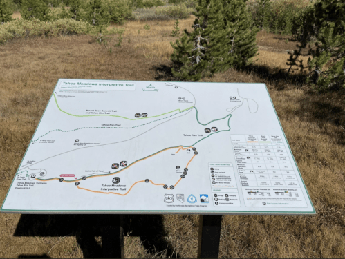 Map of the Tahoe Meadows Interpretive Trail, showing trails, points of interest, and park information in a natural setting.