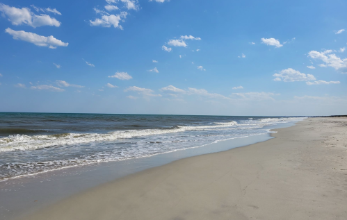 A serene beach scene with gentle waves, soft sand, and a clear blue sky dotted with clouds.