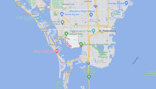 Map of St. Petersburg, Florida, highlighting parks, beaches, and local landmarks along the coastline.