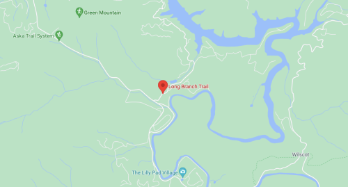 Map showing the Long Branch Trail location, surrounded by rivers and green areas, near Green Mountain and Aska Trail System.