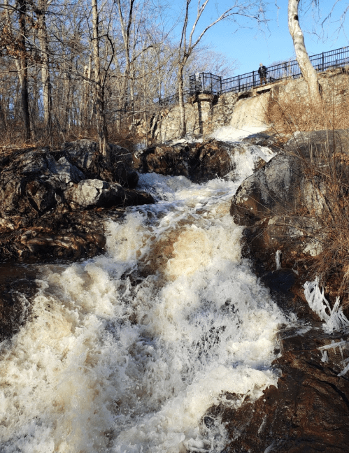 A rushing waterfall cascades over rocks, surrounded by bare trees and a bridge in the background under a clear blue sky.