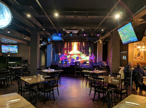 A lively restaurant scene with a stage, musicians performing, and tables set for dining. Colorful lights enhance the atmosphere.