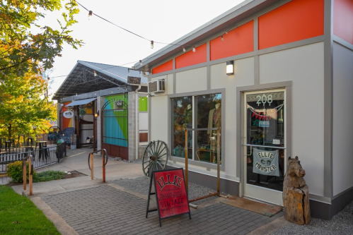 A colorful storefront with a sign reading "Ellie's" and a wooden bear sculpture outside, surrounded by greenery.