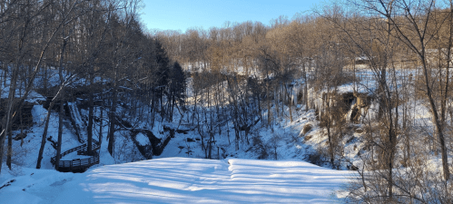 A snowy landscape with bare trees, a frozen waterfall, and a winding path through a winter forest.