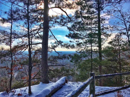 A snowy landscape with trees overlooking a valley under a blue sky with clouds.