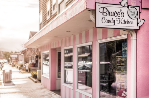 A pink-striped storefront with a sign reading "Bruce's Candy Kitchen" and a sidewalk in front.