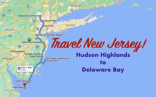 Map of New Jersey highlighting a travel route from Hudson Highlands to Delaware Bay, with key locations marked.