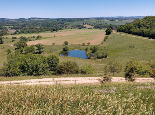 A scenic landscape featuring rolling hills, a small pond, and lush greenery under a clear blue sky.