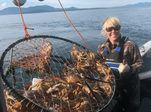 A smiling woman in a plaid shirt holds a crab trap filled with crabs, with water and mountains in the background.