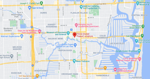 Map of Fort Lauderdale, highlighting locations like the Museum of Discovery and the "Thrive" sculpture by Daniel Popper.