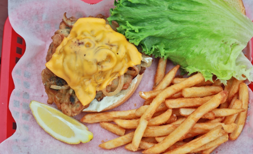 A sandwich with melted cheese and onions, served with crispy fries and a lettuce leaf, on a red tray.