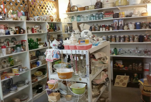 A cozy shop filled with shelves of vintage items, including teapots, glassware, and various collectibles.
