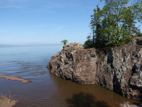 A rocky shoreline with trees on a cliff, overlooking calm water under a clear blue sky.