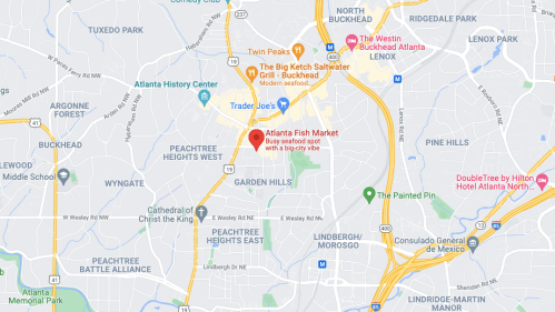 Map showing the location of Atlanta Fish Market, a busy seafood restaurant in Buckhead, Atlanta.