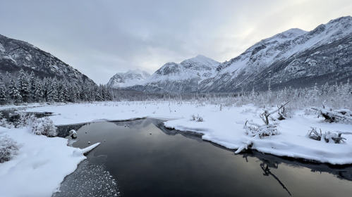 A serene winter landscape featuring snow-covered mountains, a frozen river, and frosty trees under a cloudy sky.