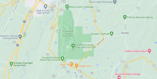 Map of Cloudland Canyon State Park, showing trails, entrances, and nearby locations.