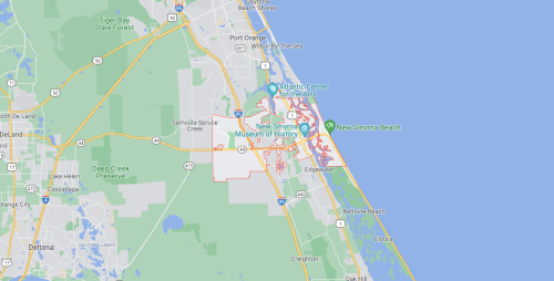 Map showing New Smyrna Beach, Florida, with nearby landmarks and roads, including the New Smyrna Museum of History.