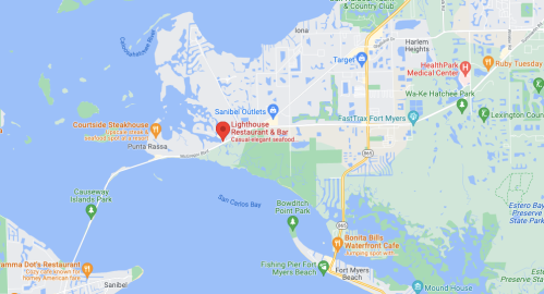 Map showing the location of Lighthouse Restaurant & Bar near Sanibel Island, Florida, with nearby landmarks and parks.