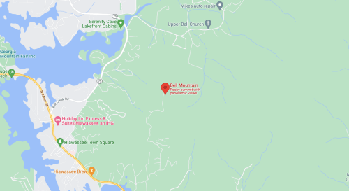 Map showing Bell Mountain location with panoramic views, near Hiawassee, Georgia, and surrounding areas.