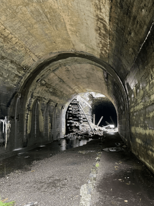 A dark, abandoned tunnel with wet walls and debris, leading to a lighted exit in the distance.