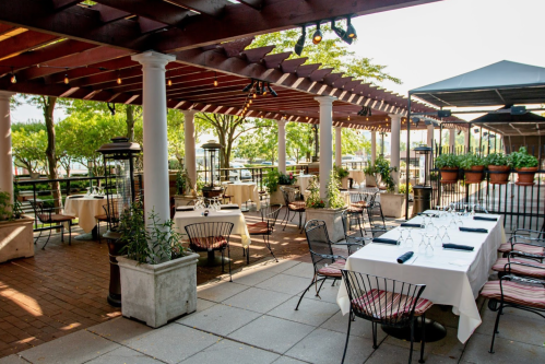 Outdoor dining area with tables, chairs, and greenery under a wooden pergola, creating a cozy atmosphere.
