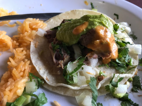 A taco filled with meat, onions, and green sauce, served with a side of orange rice on a white plate.