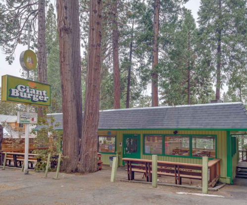 A colorful restaurant named "Giant Burger" surrounded by tall trees, featuring outdoor seating and a welcoming sign.
